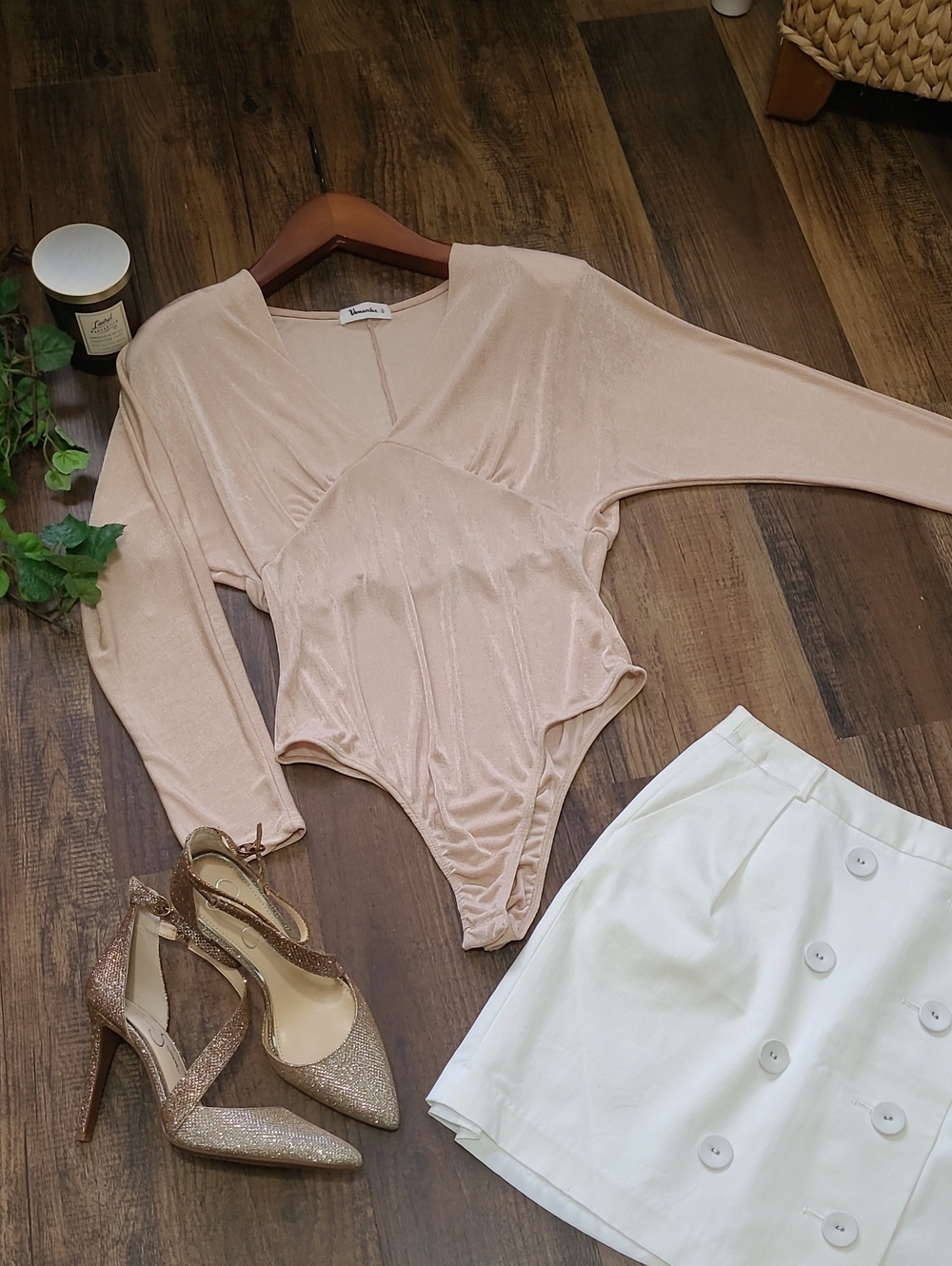 Champagne Shimmer Bodysuit with Dolman Sleeves and Shoulder Pads